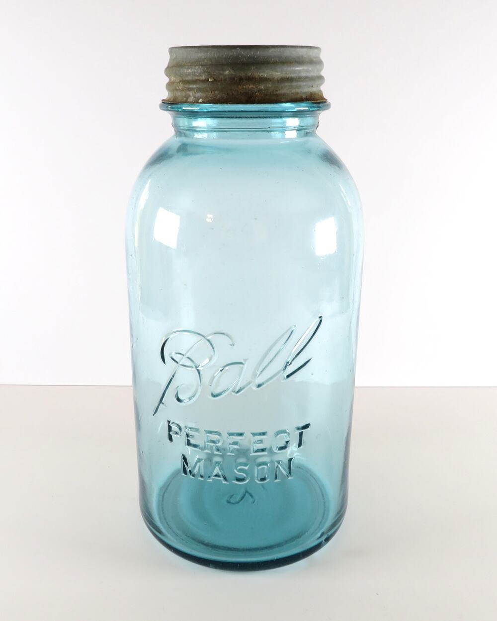 Antique Ball Perfect Mason Jar Half Gallon Aqua Blue Zinc Milk Glass Lid 1920s
